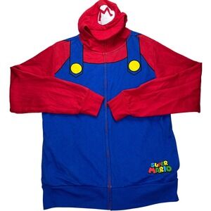 Super Mario Nintendo Hoodie Zip Up Costume Mens Medium Blue Red Fleece Cosplay